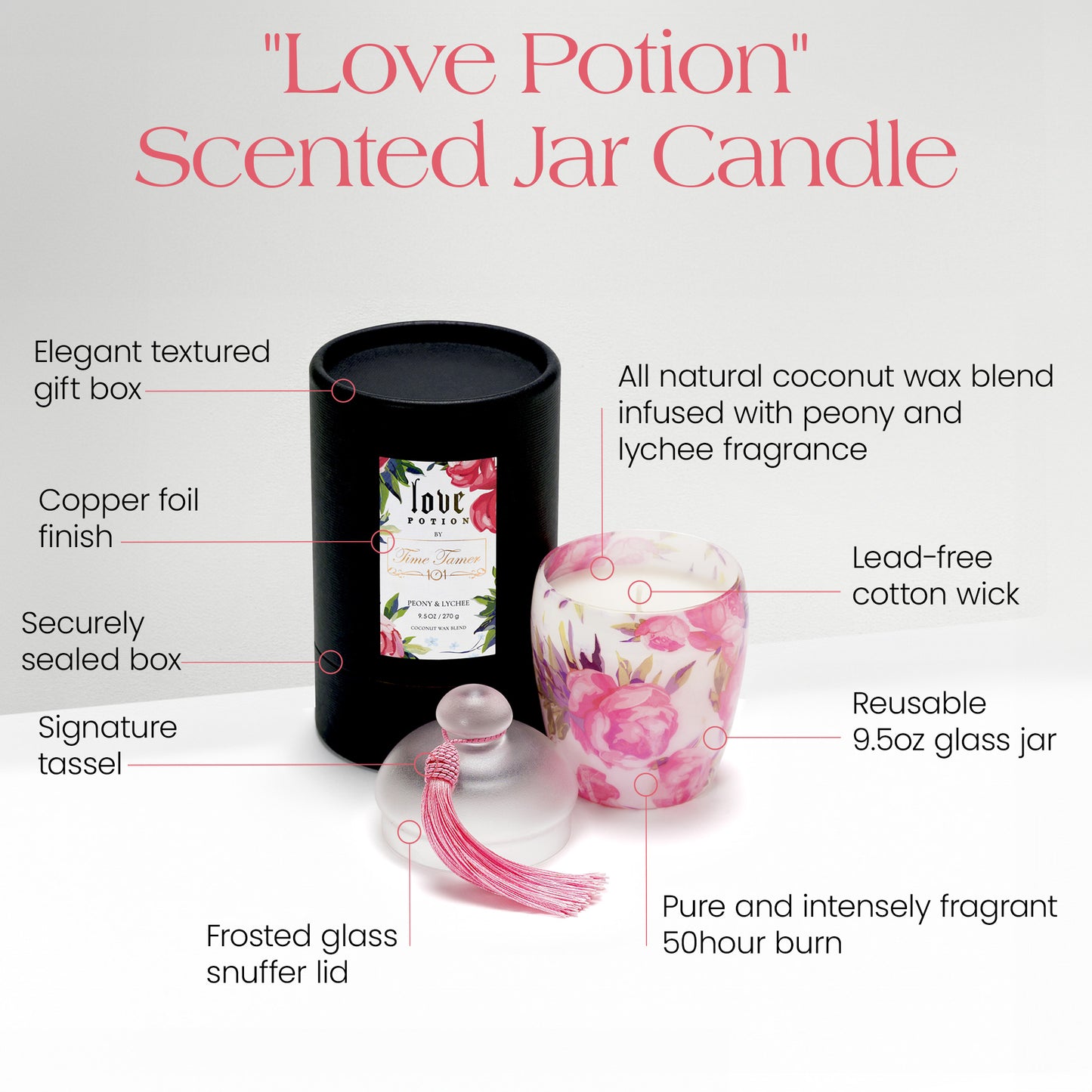 Premium Scented Jar Candle - Love Potion - Peony & Lychee